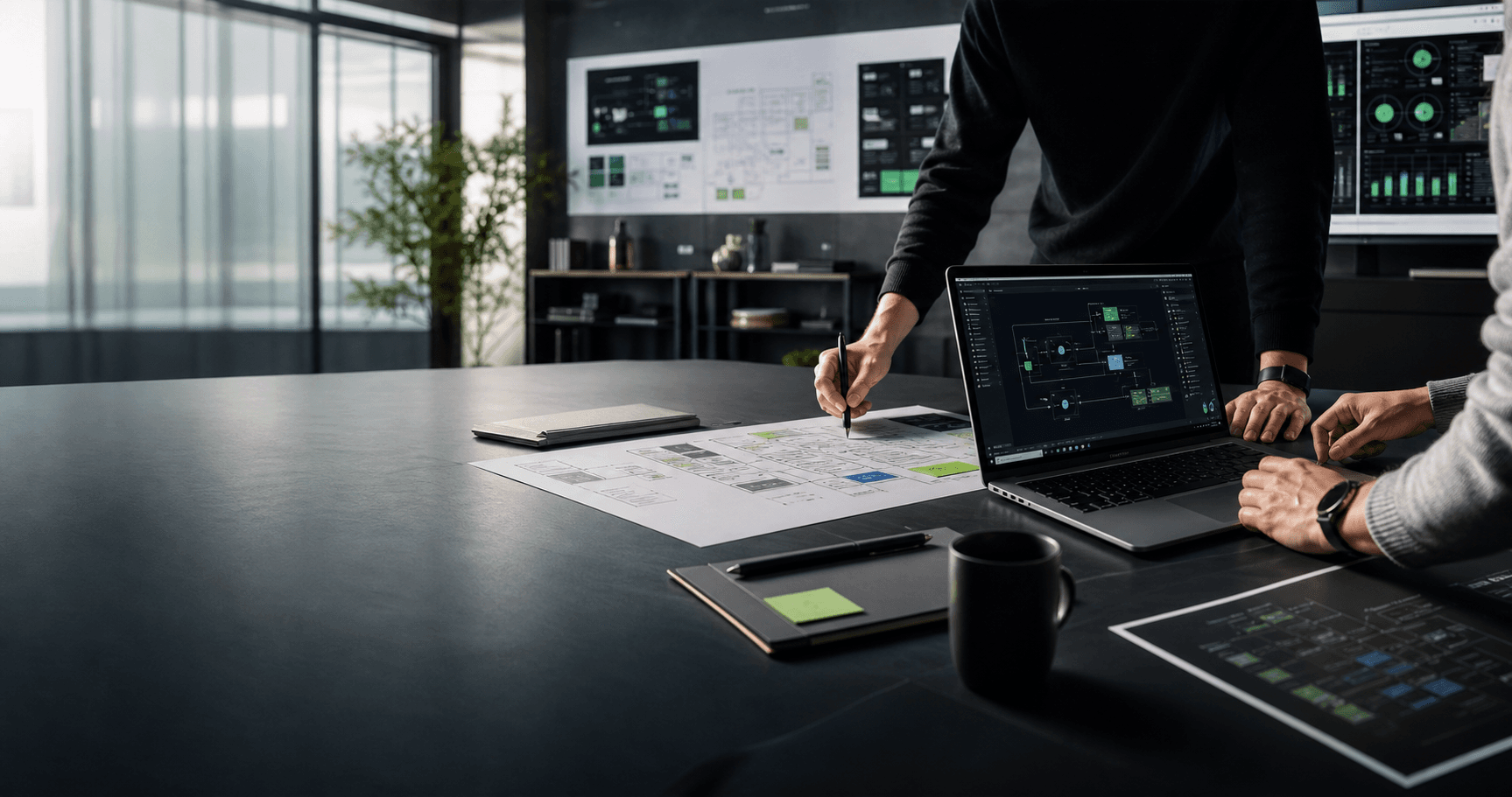 A technical planning workspace with laptops and system diagrams